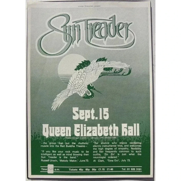 Vintage 1973 SUN TREADER Concert Tour FLYER / POSTER Queen Elizabeth Hall UK - Picture 1 of 3